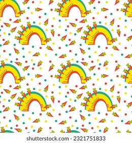 Seamless abstract geometric pattern. Yellow, green, red, white. Vector illustration. Triangles, circles, arcs, dots texture. Design for textile fabrics, wrapping paper, background, wallpaper, cover.
