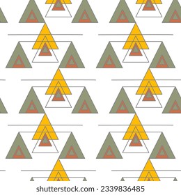 Seamless abstract geometric pattern. Yellow, green, brown, grey, white. Vector illustration. Triangles, lines texture. Design for textile fabrics, wrapping paper, background, wallpaper, cover.