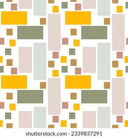 Seamless abstract geometric pattern. Yellow, green, brown, white. Vector illustration. Polygons, squares texture. Design for textile fabrics, wrapping paper, background, wallpaper, cover.