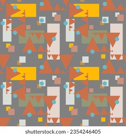 Nahtlose abstrakte geometrische Muster. Gelb, grün, braun, weiß. Vektorgrafik. Polygone, Kreise, Dreiecke Textur. Design für Textilien, Wickelpapier, Hintergrund, Tapete, Abdeckung.