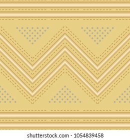 Seamless abstract geometric pattern with zigzag and straight tubes in golden color. Embossed metallic pipes vector print