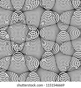 Seamless Abstract Geometric Psychedelic Round Basket Weave Black And White Two-Tone Vector Pattern