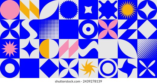 Seamless abstract geometric shape pattern. Repeating Swiss mosaic block form background. Colorful graphic design primitive elements for poster, cover, presentation, print, banner. Vector wallpaper