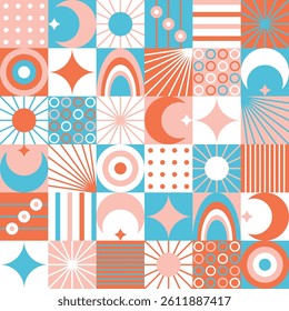 Seamless Abstract Geometric Space Pattern with Moon, Stars, Sun, Rainbow - Flat Vector Design
