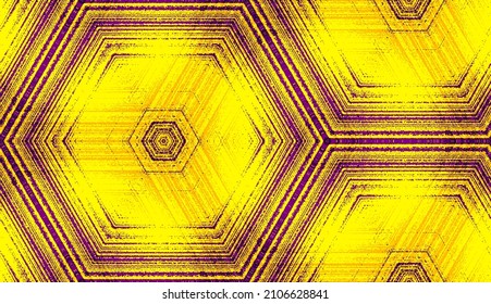 Seamless abstract geometric texture pattern in yellow and violet colors. Symmetric hexagon ornament for digital paper, textile printing, wallpaper background design.