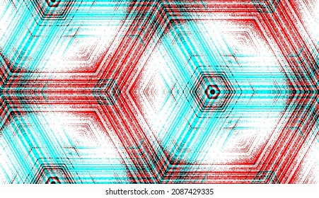 Seamless abstract geometric textured pattern in red, blue, black and white colors. Symmetric geometric ornament for digital paper, textile printing, wallpaper background design. Vector illustration.