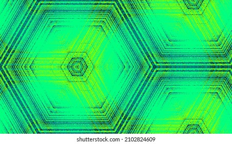 Seamless abstract geometric textured pattern in green colors. Symmetric hexagon concentric ornament for digital paper, textile printing, wallpaper background design. Vector illustration.