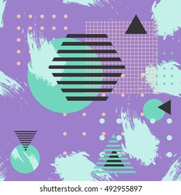 Seamless abstract geometric triangle background pattern in vector.Fashion wallpaper neon colored print design .Pop art Hand drawn brush hipster composition