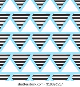 Seamless abstract geometric triangles and stripes background pattern in vector.Black  white and blue colors. Can be used for fashion ,  advertising , web design .