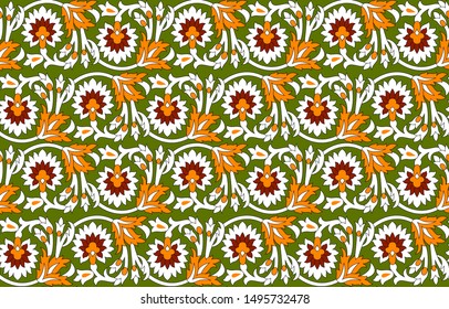 Seamless abstract geometrical floral pattern with green background