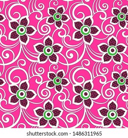 Seamless abstract geometrical flower pattern with floral patchwork in petals and pink background