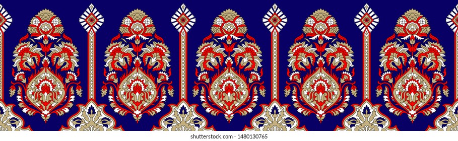 Seamless abstract geometrical paisley pattern border with navy background