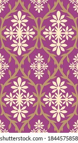 Seamless abstract geometrical paisley pattern with leaves and pink background