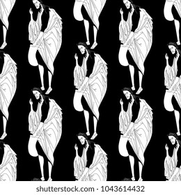 Seamless abstract geometrical pattern with black and white silhouettes of John the Baptist. Medieval Russian orthodox art.