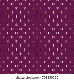 Seamless abstract geometrical pattern with floral motifs. Small simple polka dot field flowers on deep purple burgundy background.