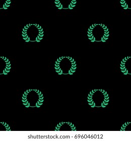 Seamless abstract geometrical pattern with green laurel wreaths on black background.