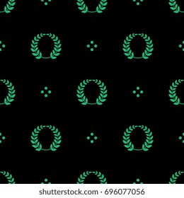 Seamless abstract geometrical pattern with green laurel wreaths and dots on black background.