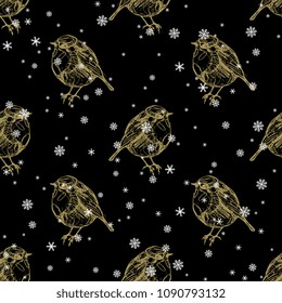 Seamless abstract geometrical pattern with hand drawn silhouettes of robin and snowflakes.