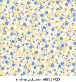 Seamless abstract geometrical pattern with motley elliptical spots. Blue and white on beige background.