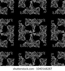 Seamless abstract geometrical pattern with ornate floral rectangular elements. Based on medieval Gothic motif. White silhouettes on black background.
