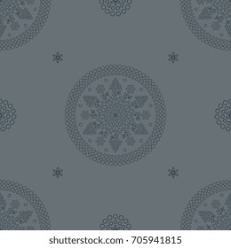 Seamless abstract geometrical pattern with round decorative mandalas in folk style. Ornament based on Slavic Croatian ethnic motifs.