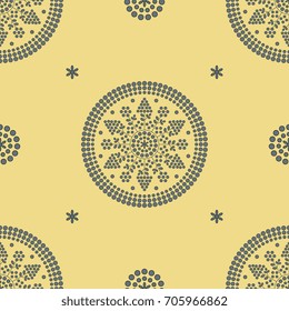 Seamless abstract geometrical pattern with round decorative mandalas in folk style. Ornament based on Slavic Croatian ethnic motifs.
