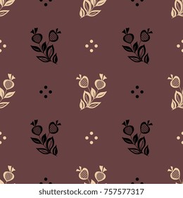 Seamless abstract geometrical pattern with silhouetted floral motifs and polka dots. Based on folk art of Pueblo Indians.