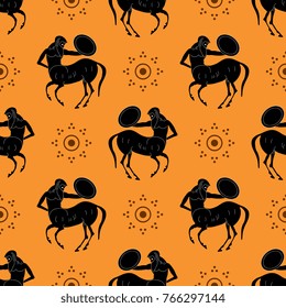 Seamless abstract geometrical pattern with silhouettes of ancient Greek centaurs.