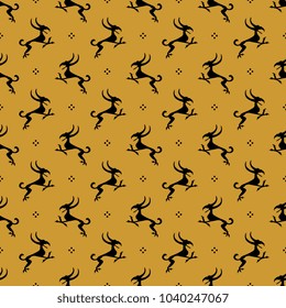 Seamless abstract geometrical pattern with small silhouettes of medieval griffins or devils and abstract dots.