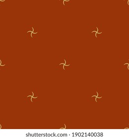 Seamless abstract geometrical pattern with small simple wavy cross shapes. Yellow silhouettes on red background.