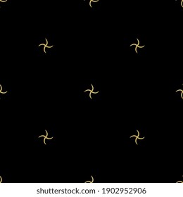 Seamless abstract geometrical pattern with small simple wavy cross shapes. Yellow gold silhouettes on black background.