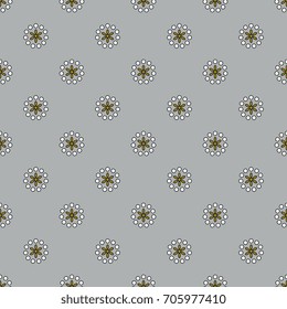 Seamless abstract geometrical pattern with small round polka dot floral motifs. Elegant color combination of black and white, gold and silver.