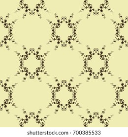 Seamless abstract geometrical pattern with sophisticated elegant baroque vignettes. Delicate linear black silhouettes on yellow background.
