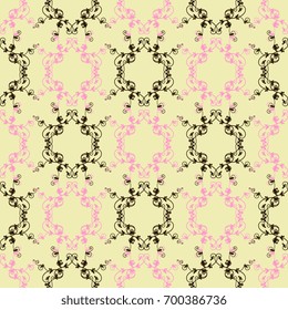 Seamless abstract geometrical pattern with sophisticated elegant baroque vignettes. Delicate linear pink and black silhouettes on yellow background.
