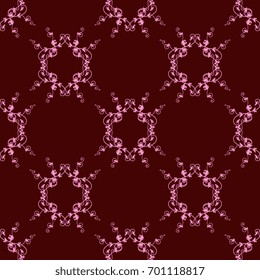 Seamless abstract geometrical pattern with sophisticated elegant baroque vignettes. Delicate linear pink silhouettes on burgundy background.