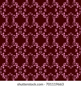 Seamless abstract geometrical pattern with sophisticated elegant baroque vignettes. Delicate linear pink silhouettes on burgundy background.