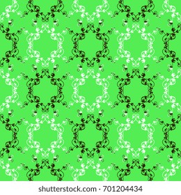 Seamless abstract geometrical pattern with sophisticated elegant baroque vignettes. Delicate linear black and white silhouettes on fresh vibrant green background.
