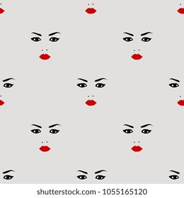 Seamless abstract geometrical pattern with stylized female faces with makeup. Modern pop style.