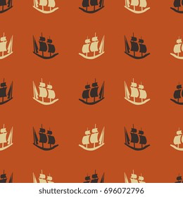 Seamless abstract geometrical pattern with stylized ships. Staggered beige and brown silhouetted images on terracotta red background.