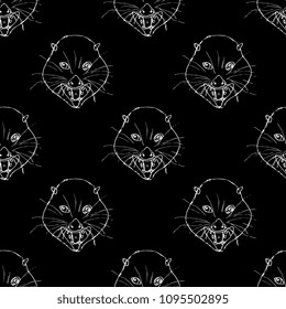 Seamless abstract geometrical polka dot pattern with hand drawn linear silhouettes of opossum's faces.