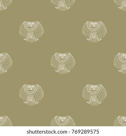 Seamless abstract geometrical polka dot pattern with linear silhouettes of ethnic owl. Based on Mochica art of ancient Peru.