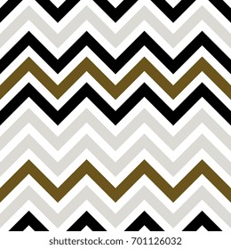 Seamless abstract geometrical zigzag pattern. White, black, golden and silver serrated lines.