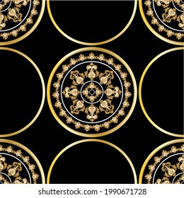 Seamless abstract golden circles pattern on a black background. EPS10 Illustration.
