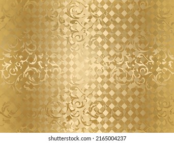 Patrón abstracto de seda dorada sin foco. Fondo barroco dorado floral, elementos geométricos rhombus. Vector damasco textura dorada sin costuras. Patrón floral de lujo para envolver fondo de papel