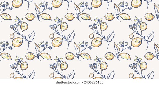 Seamless abstract graphic art branches leaves with lemon, flowers pattern.  Vector hand drawn sketch. Simple brush floral leaf print on a light background. Design for fabric, fashion, textile