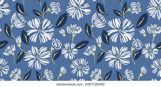 Seamless abstract graphic art daisy flowers and leaves, buds pattern.  Vector hand drawn sketch shape. Simple brush floral print on a blue background. Design for fabric, fashion, textile, wallpaper