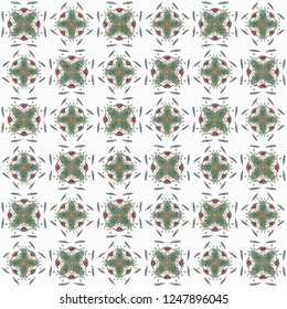 Seamless abstract green red texture on white background. Arranged in a staggered manner two medium floral fractal patterns.
