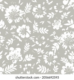 seamless abstract grey  background with white flowers. Vector, monochrome