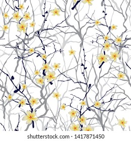 seamless abstract grey tree with yellow small flowers pattern