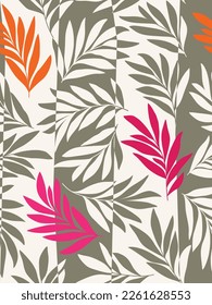 Seamless abstract  grey and white floral  background.Vector grey and white pattern with red and orange leaves.